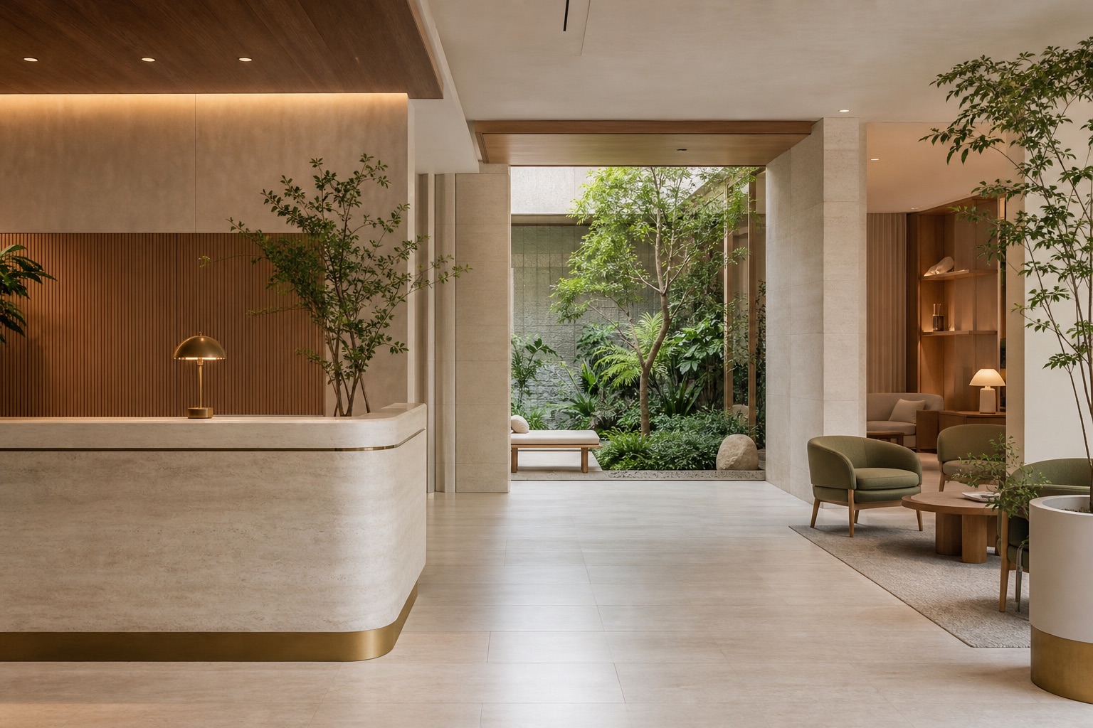 結合室內庭園與自然材質的高級診所空間示意